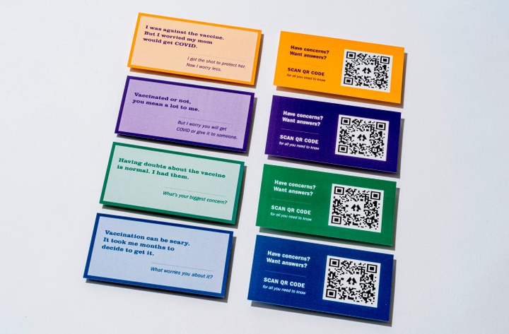 All four conversation cards are show, each with its own phrase on the front. The backs of the cards are show as well, next to the front.