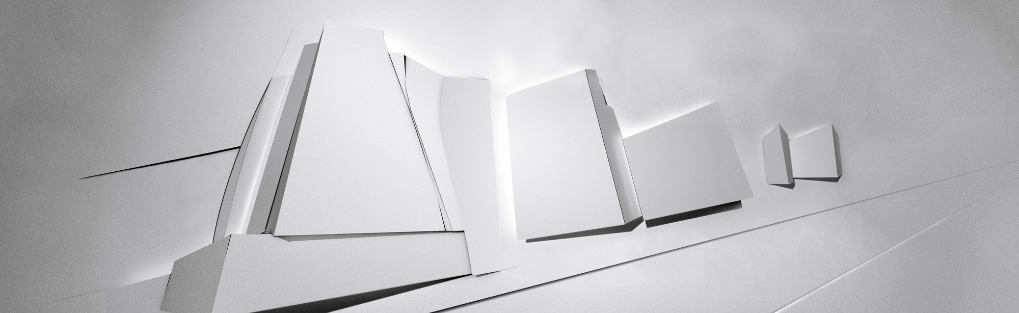 Render of white, three-dimensional shapes breaking out of a flat surface