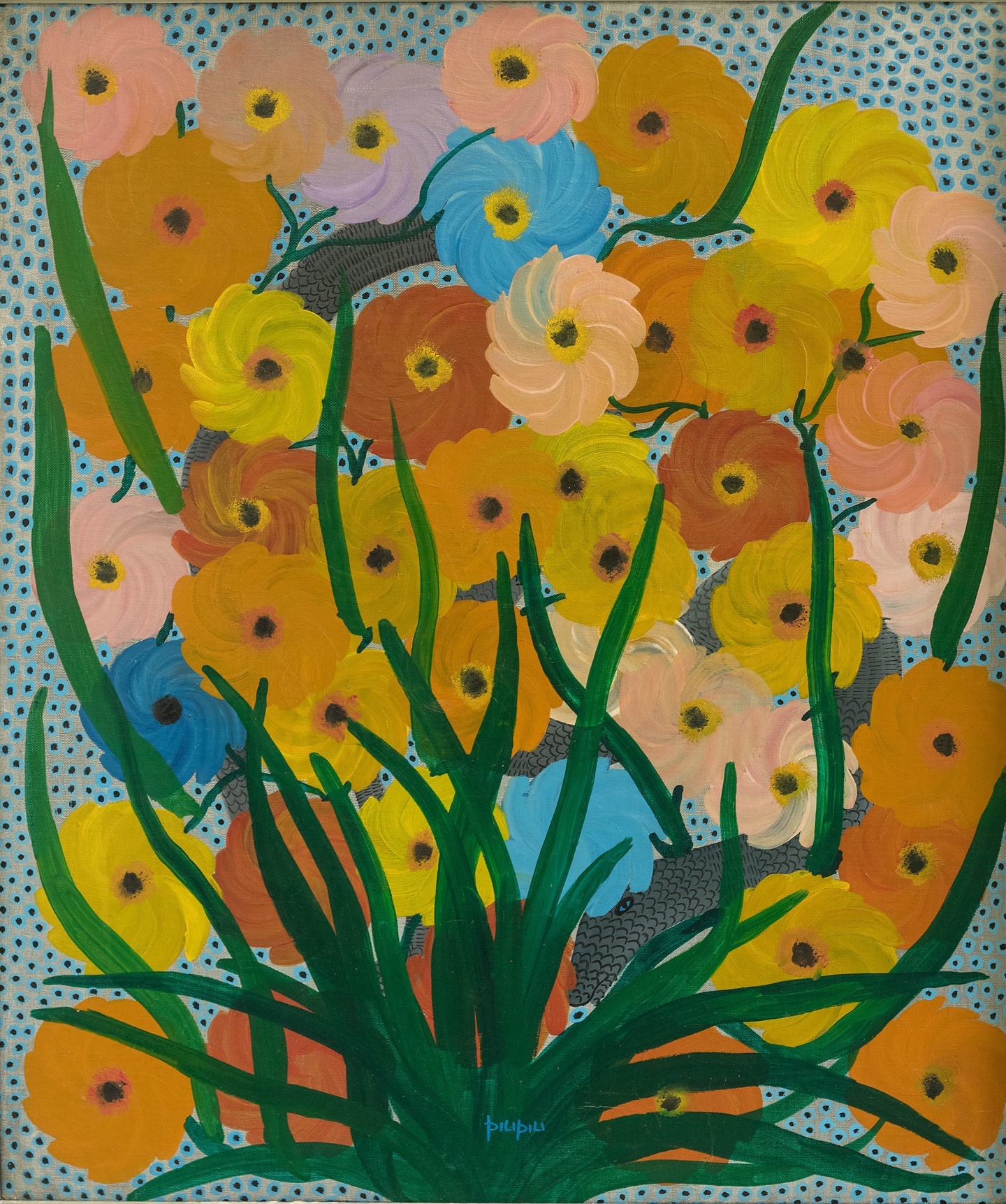 A painting of colorful flowers, vibrant green stems, and a gray snake woven amid them