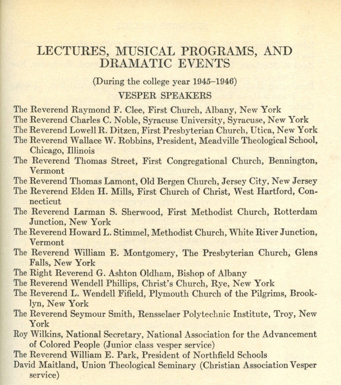A weathered page has the header “LECTURES, MUSICAL PROGRAMS, AND DRAMATIC EVENTS”, followed by “VESPER SPEAKERS” and a list of names and locations.
