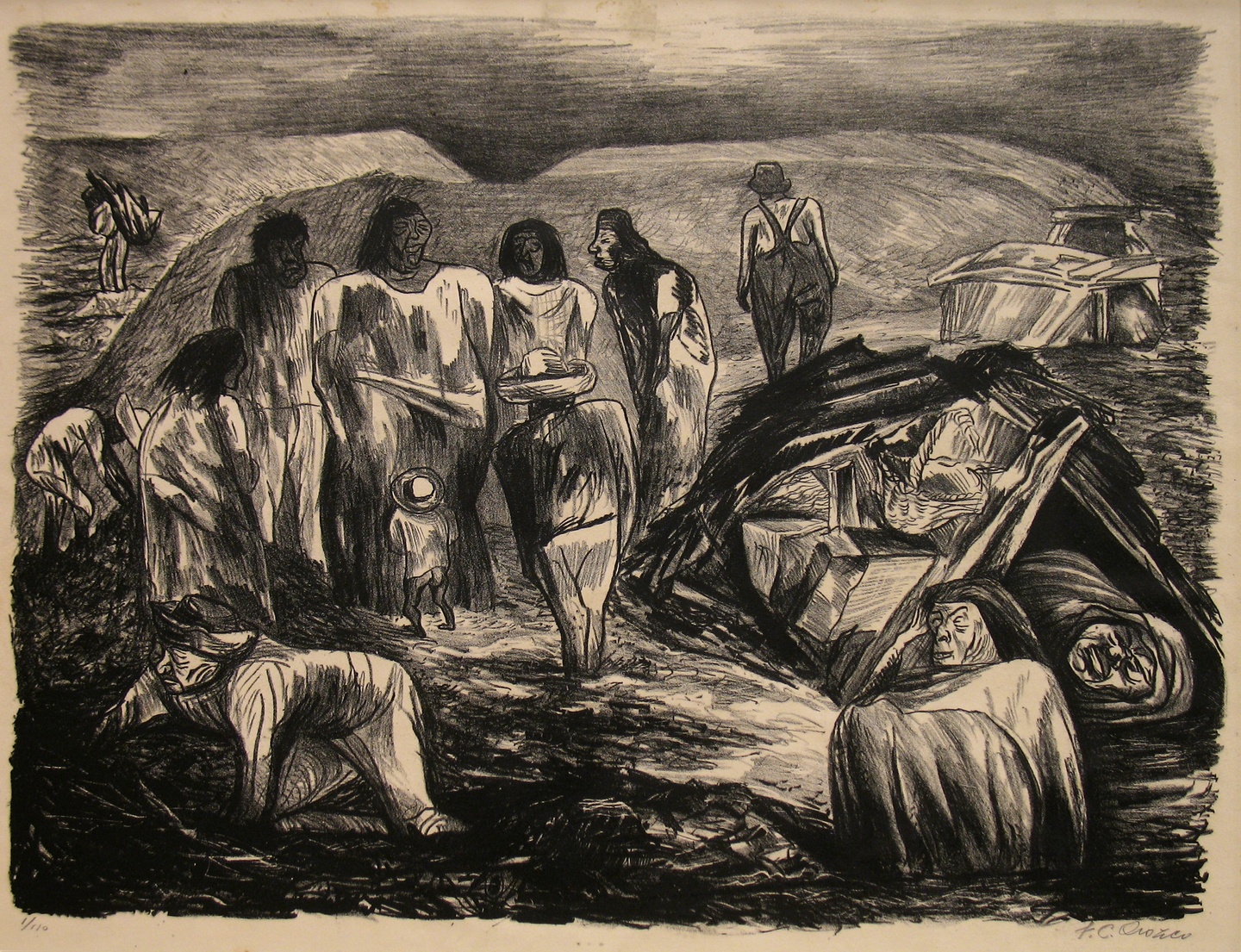 Figures standing, working in a field