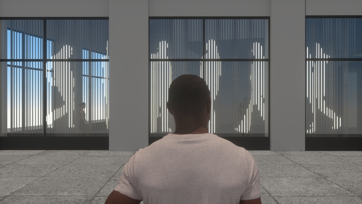 Render of person on street looking through the window at the Okta space installation, with responsive animations of people on vertical LED structures