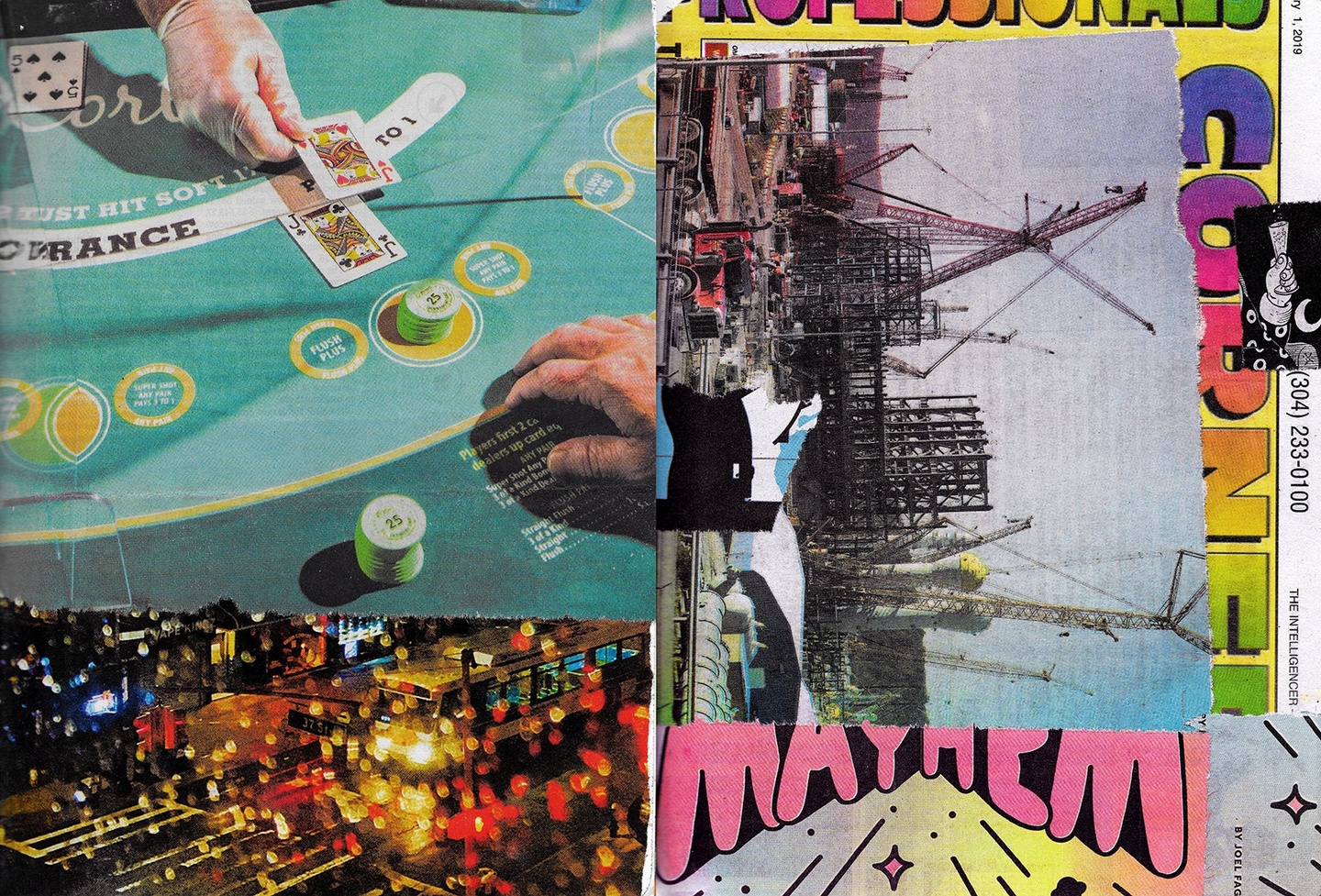 A collage: the gloved hand of a Blackjack (?) dealer holding a jack and a player's hand; rain-dotted cityscape at night; a construction site; a small image of a hand holding a Champagne glass; the word "MAYHEM" in a bubbly, pink font. The latter three are laid out on a background that contains bold bright illustrations and blocky text.