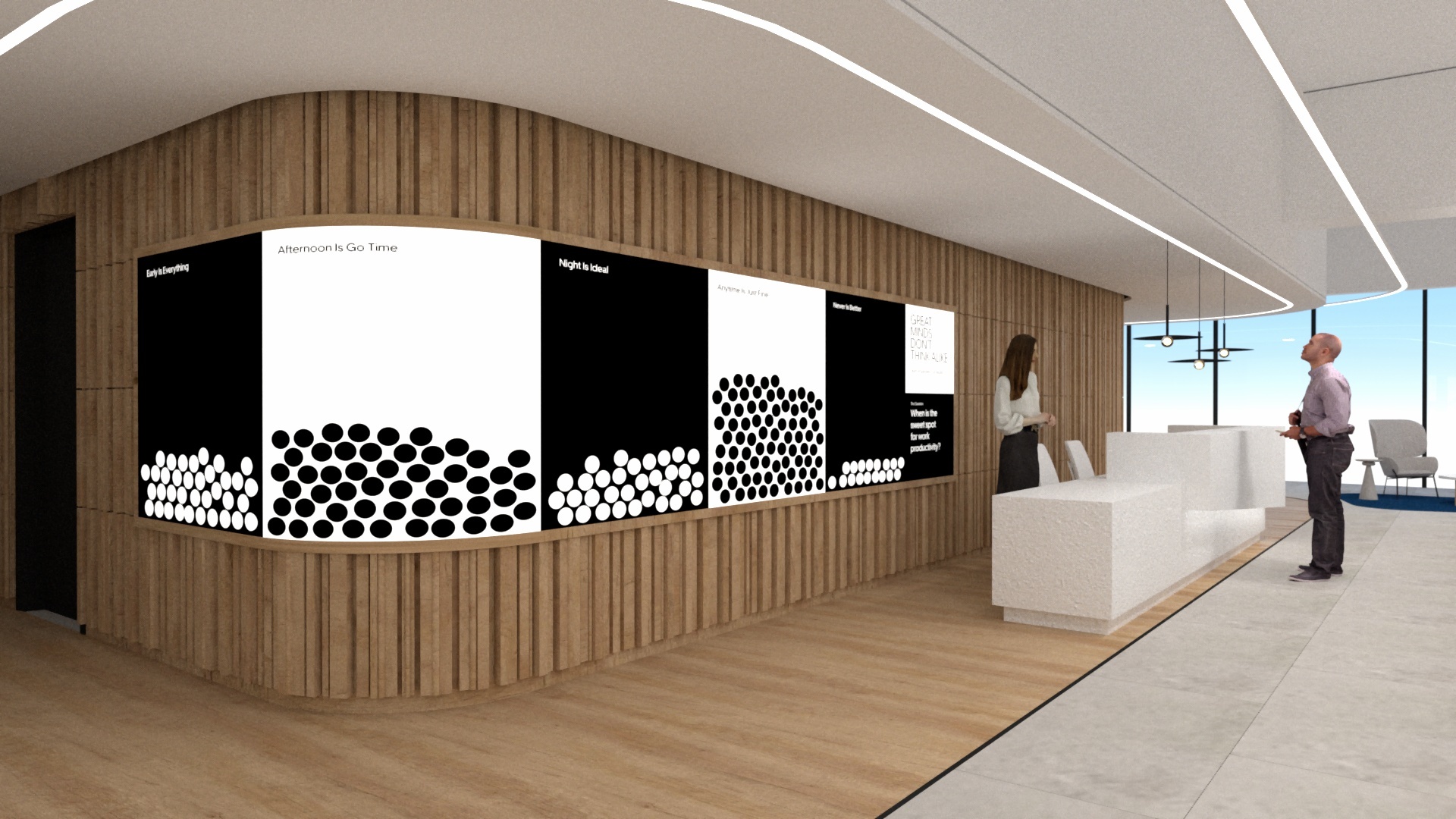 Render of curved screen on wooden wall with alternating black and white squares with opposite circles stacked at bottom of screen