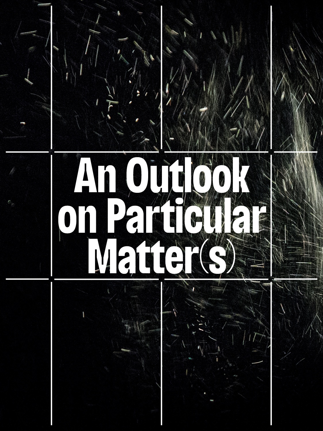 Illuminated specks of dust whizz through the air in a darkened gallery. Overlaid on the image is the program title "An Outlook on Particular Matters".