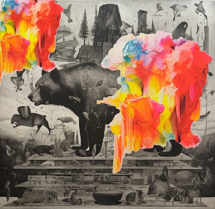 image of a bear in black and white with oranges, pinks, yellows, blues laid over the top