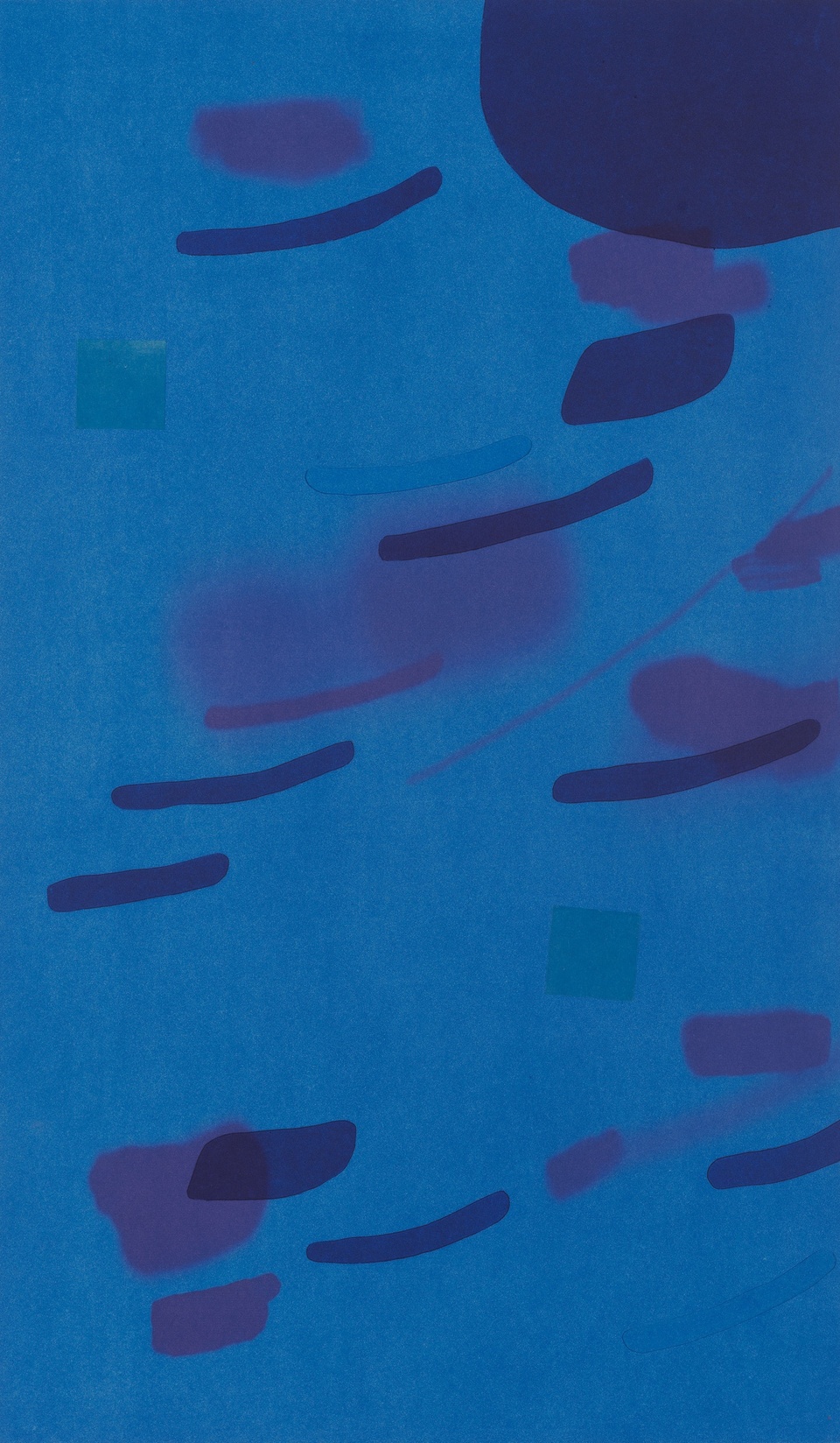 image of larger, violet marks and smaller, darker marks on a blue background