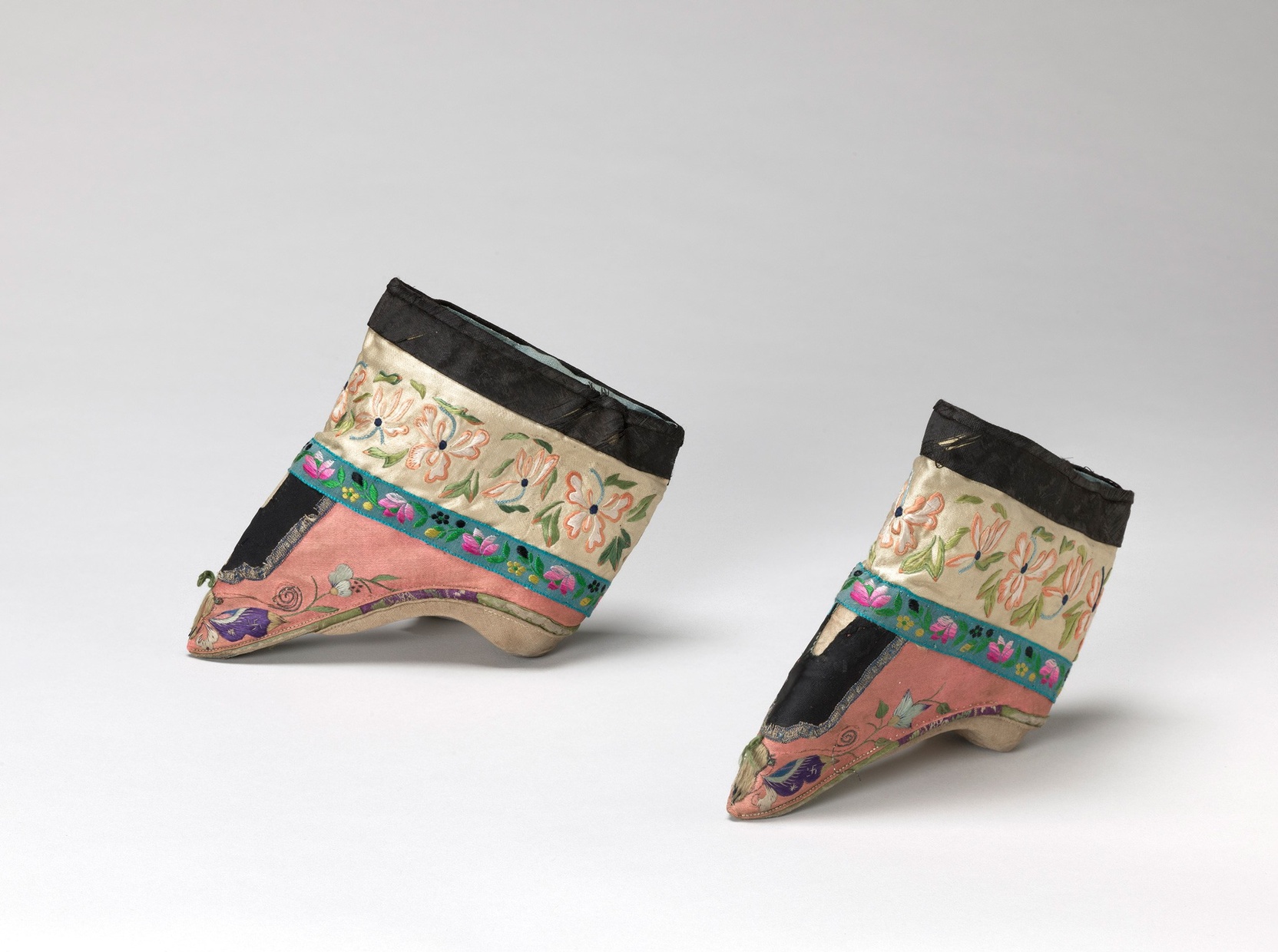 Pink and Black hand Embroidered Lotus Shoes, 18th Century