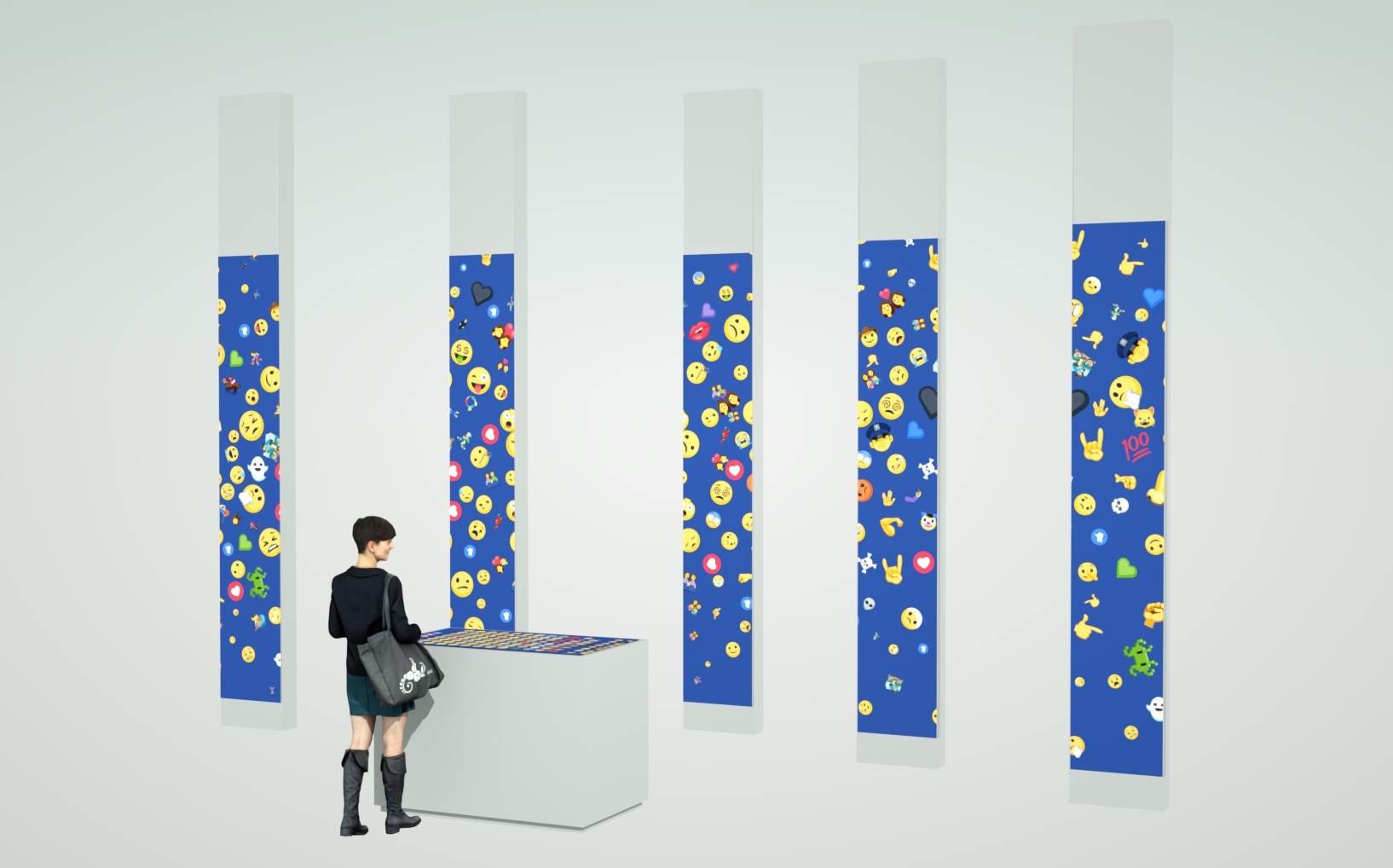 Render of 5 pillars with screens that show blue background with streams of random emojis, responding to an interactive touchpad that is being interacted with by a person