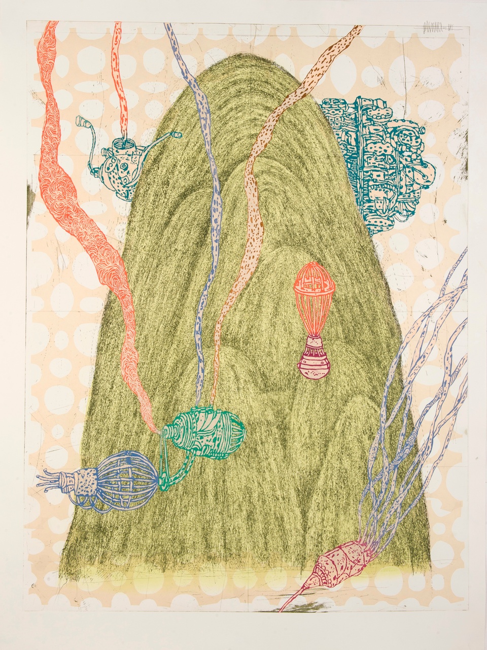 print of a green mountain with multicolored zeppelins around it