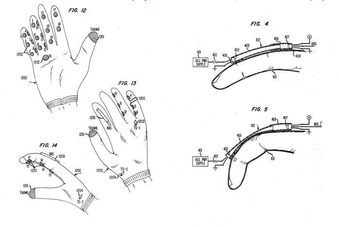 Illustrations of “Digital Data Entry Glove Interface Device” by Gary J. Grimes, US Patent 4414537A, issued November 8, 1981.