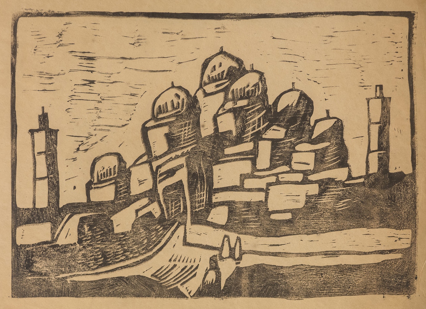 A black-ink woodcut print of buildings with onion-domes and towers on a hill