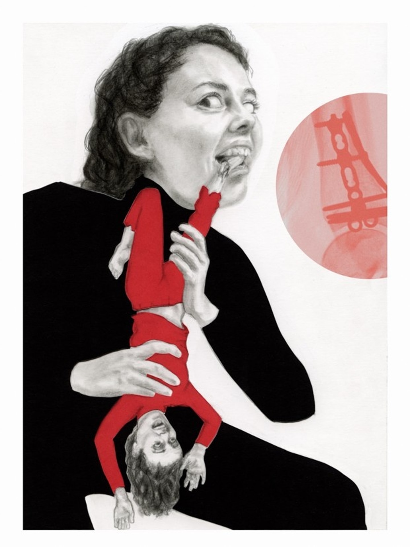 black and white drawing of a woman holding a smaller version of herself in red upside down and eating her foot