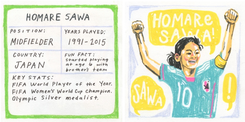 Illustrated spread depicting a portrait of Homare Sawa and her position and key statistics on the left page