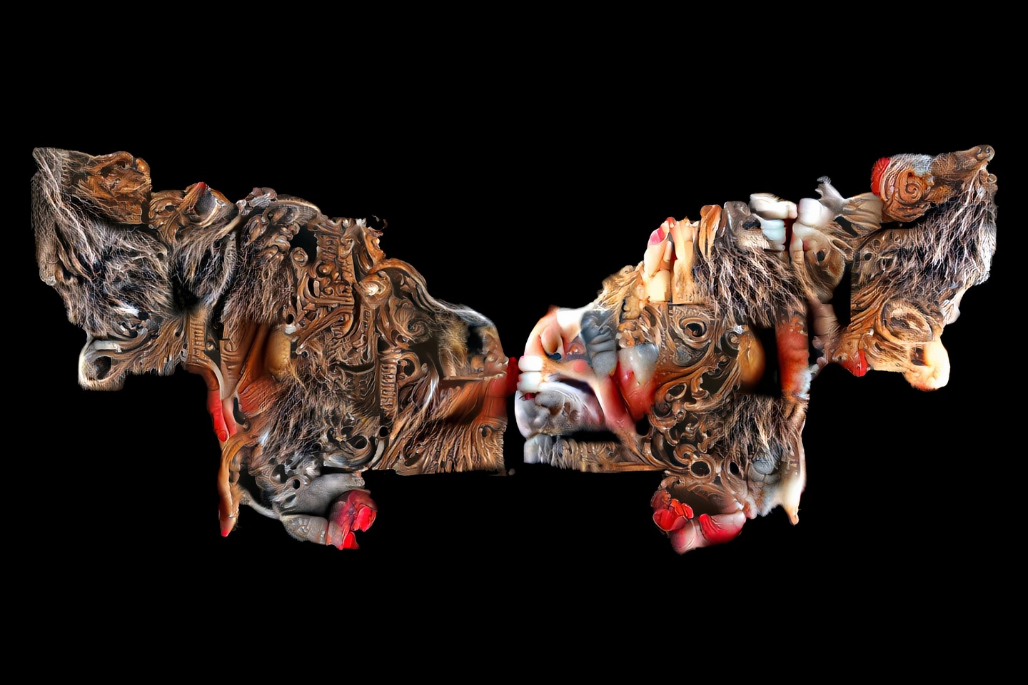 Pair of AI-produced pelts, showing some hair and muscles, against a black background.