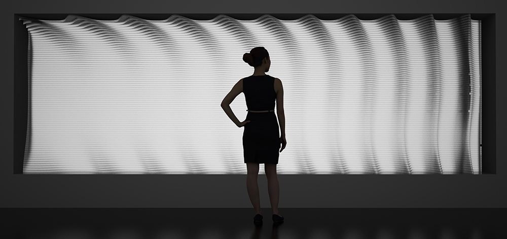 Render of woman's silhouette in front of a render of The Passage, a undulating, layered, light-emitting surface