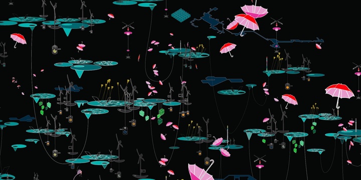 Large-format diagram of small, floating lilypad clusters interspersed with falling pink umbrellas, arranged in a pattern.