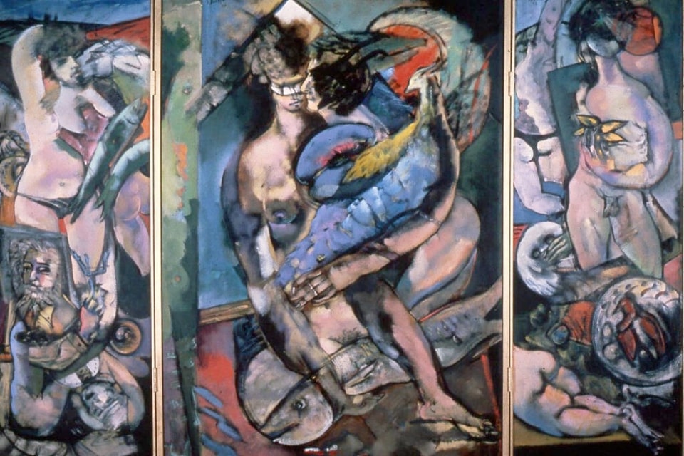 muted colors and figures across a triptych