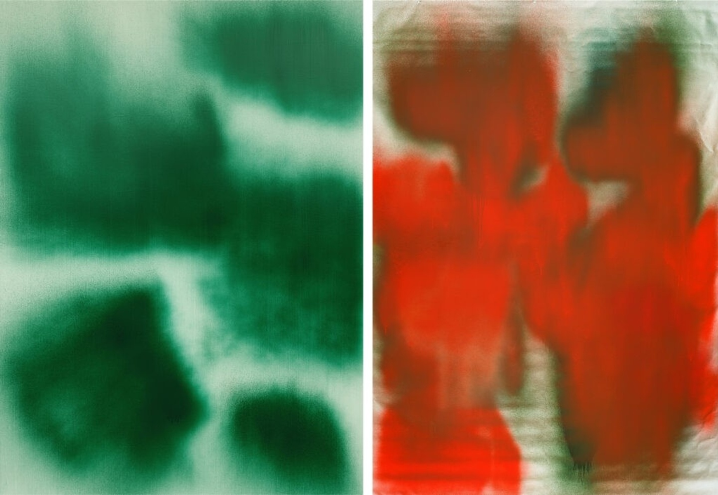 Two abstract acrylic paintings, one with splotches of green and the other in splotches of red