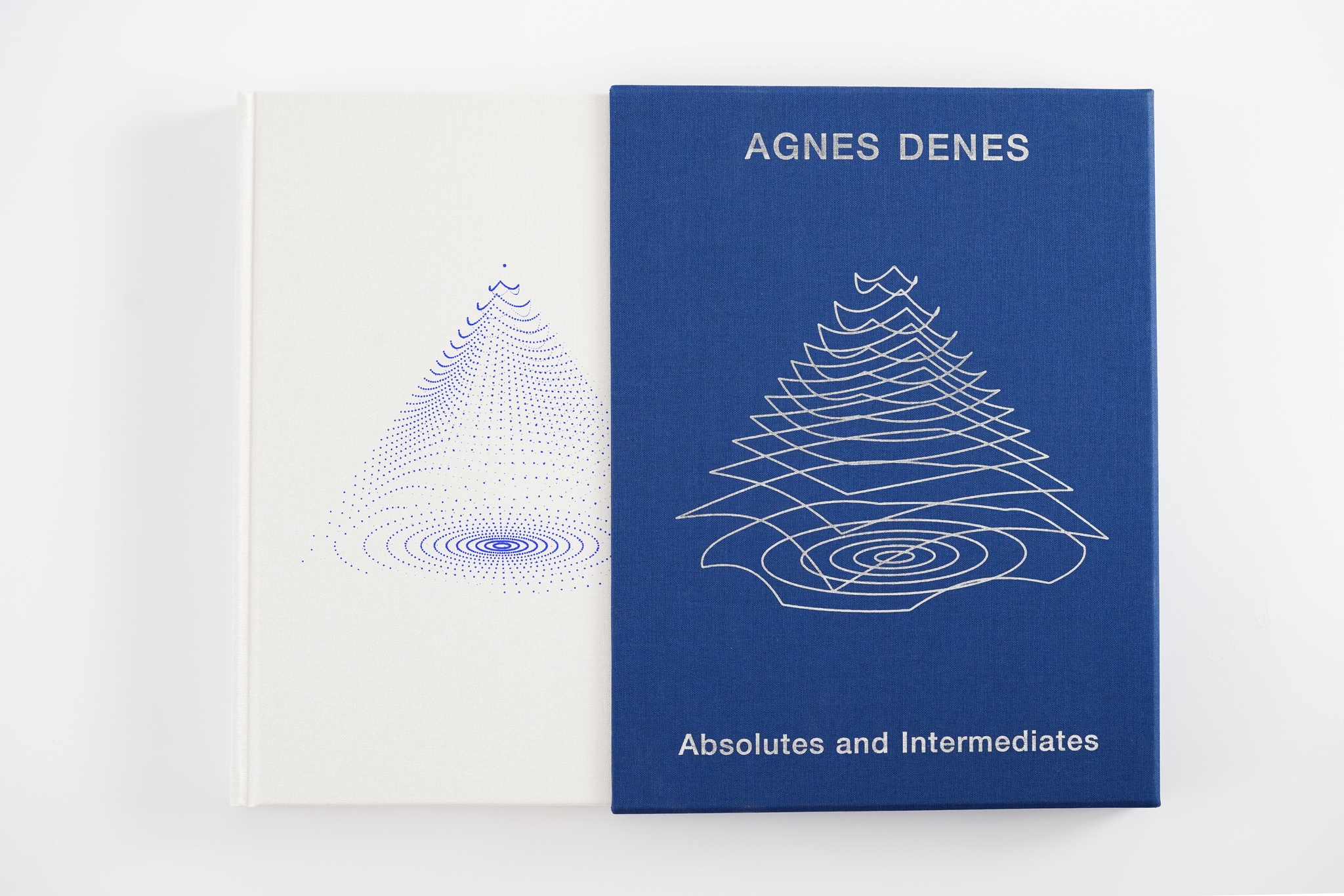 A white book halfway out of a blue slipcase decorated with a pyramid form