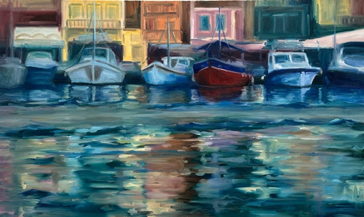 Painting of colorful buildings and boats reflected in water.