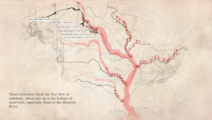 Map of the Mississippi River basin that denotes major dams as well as flow.