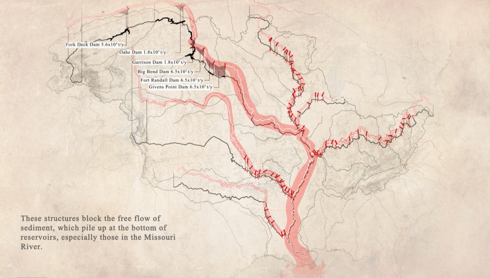 Map of the Mississippi River basin that denotes major dams as well as flow.