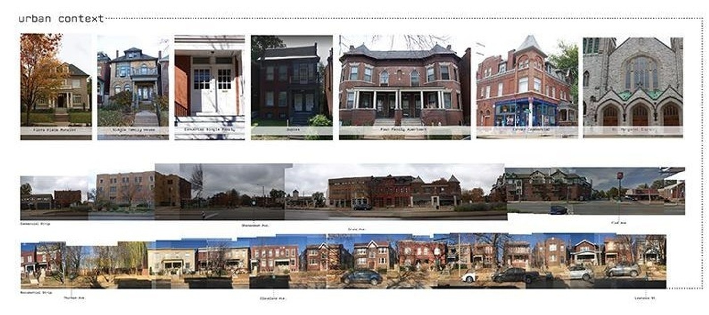 A series of pictures of buildings stitched together showing different streets.