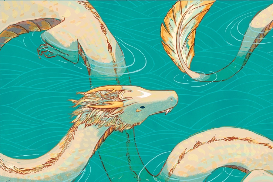 Illustration of a pale yellow sea serpent creature twisted around in green waters.