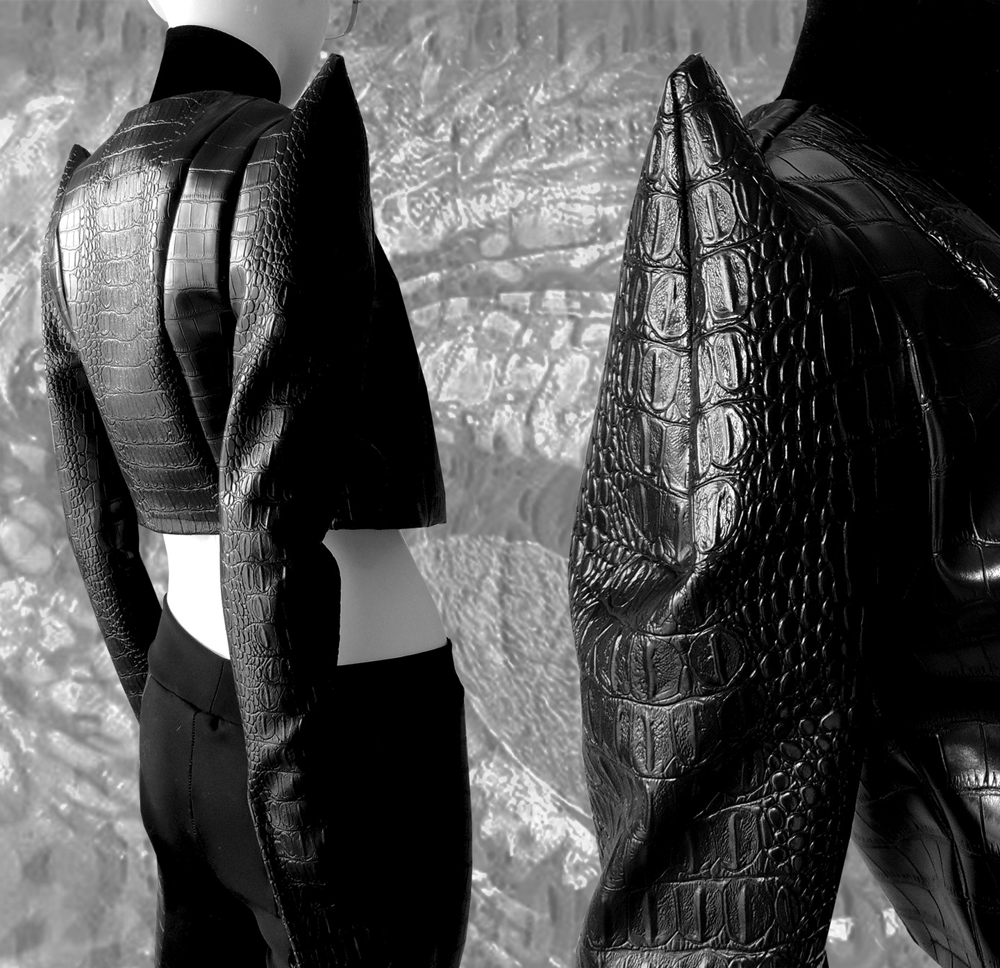 Composite photo showing the back of a black alligator leather jacket with pointed shoulders on a mannequin, plus a detail shot of the shoulder points.