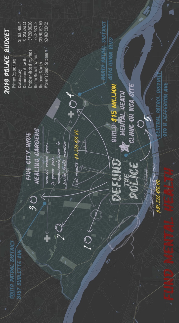 Gray map of the City of St. Louis on a dark background showing annotations.