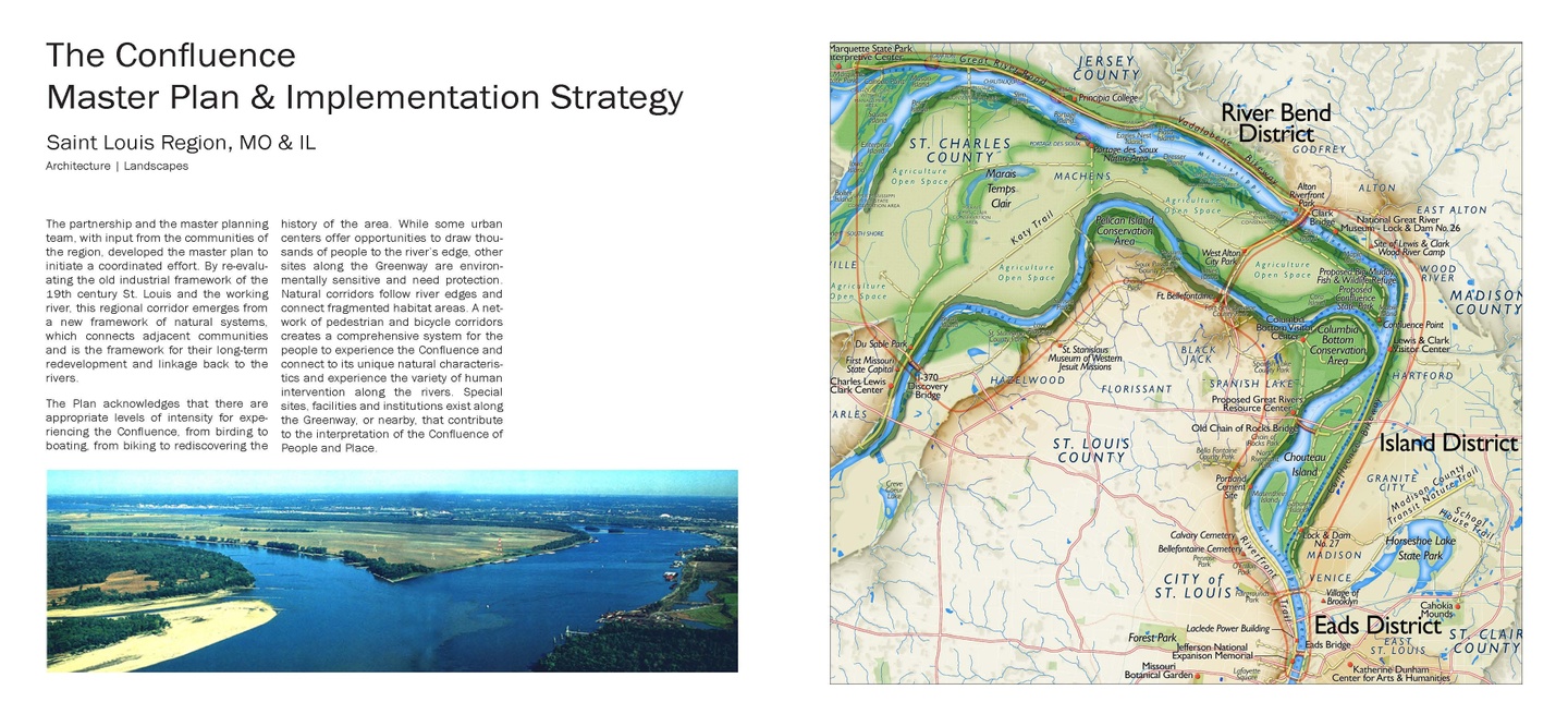 Spread from a publication. Page is titled "The Confluence Master Plan & Implementation Strategies" and includes a map and aerial photo of the Missouri-Mississippi river confluence.