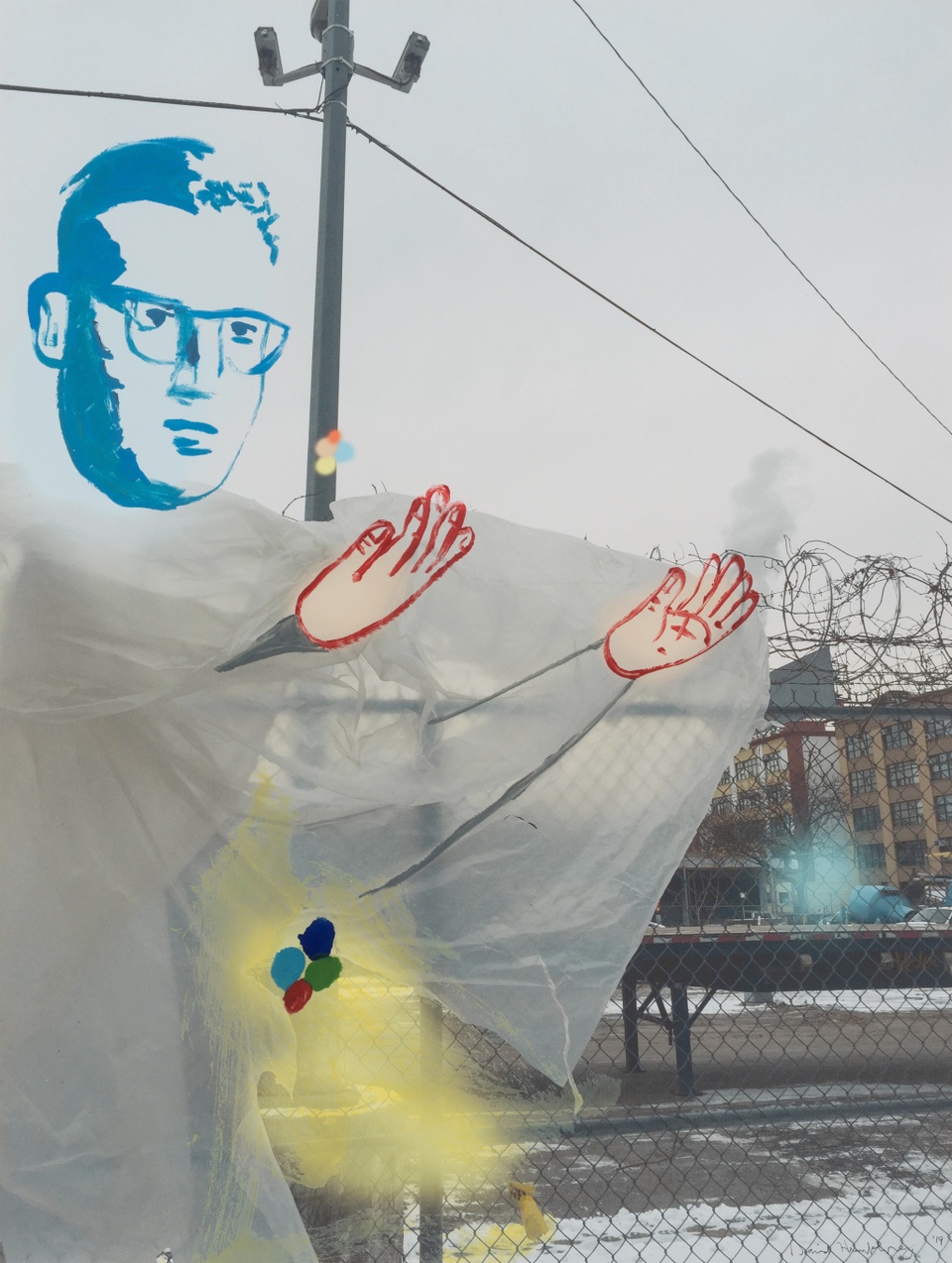 Image of a figure with glasses holding their hands out in front of an urban backdrop