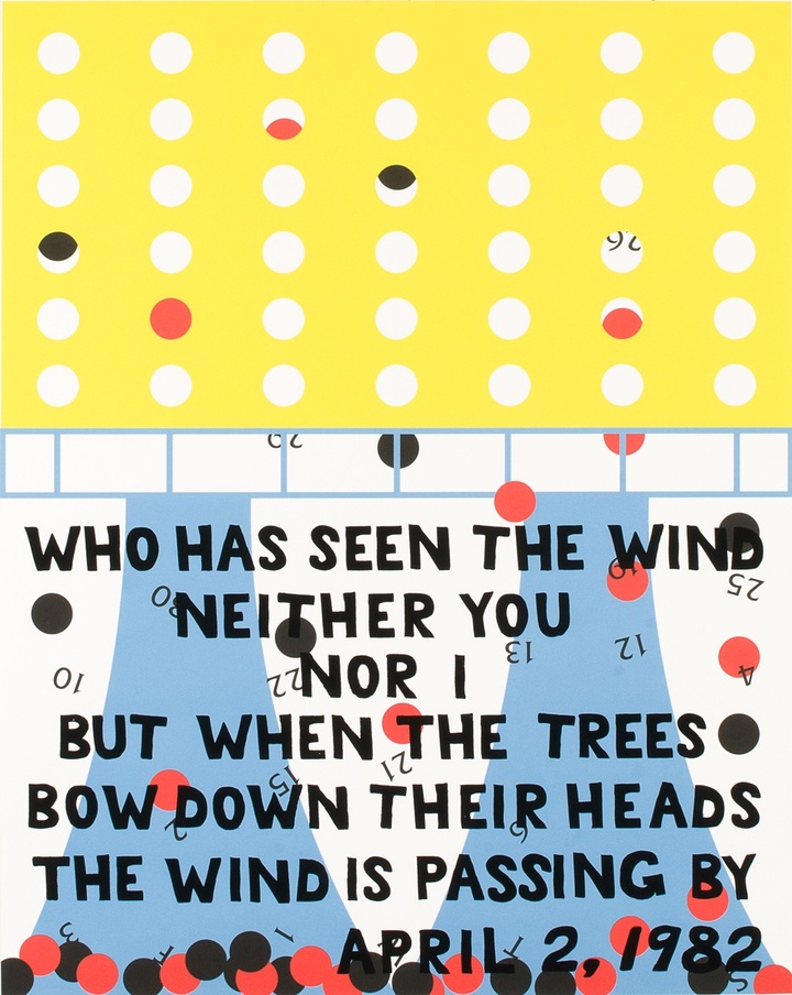 Screen print of abstracted connect four game with a yellow rectangle at the top, pale blue structures below, and red and black checkers throughout the image