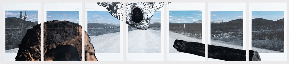 multiple panel image depicting a road in the landscape with overprinted large images of meteorites and a log
