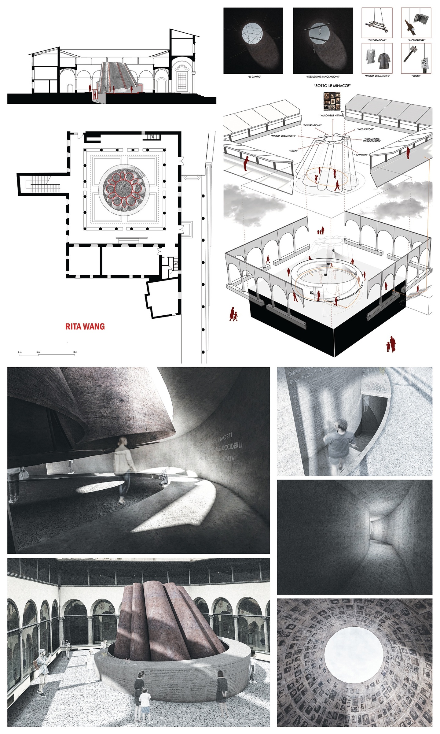 Collage of section drawings, axons, and renderings of a monument constructed of several vertical, conical tubes. People can descend to the lower level of the structure and look up through the tubes which are lined with black and white photographs of people.