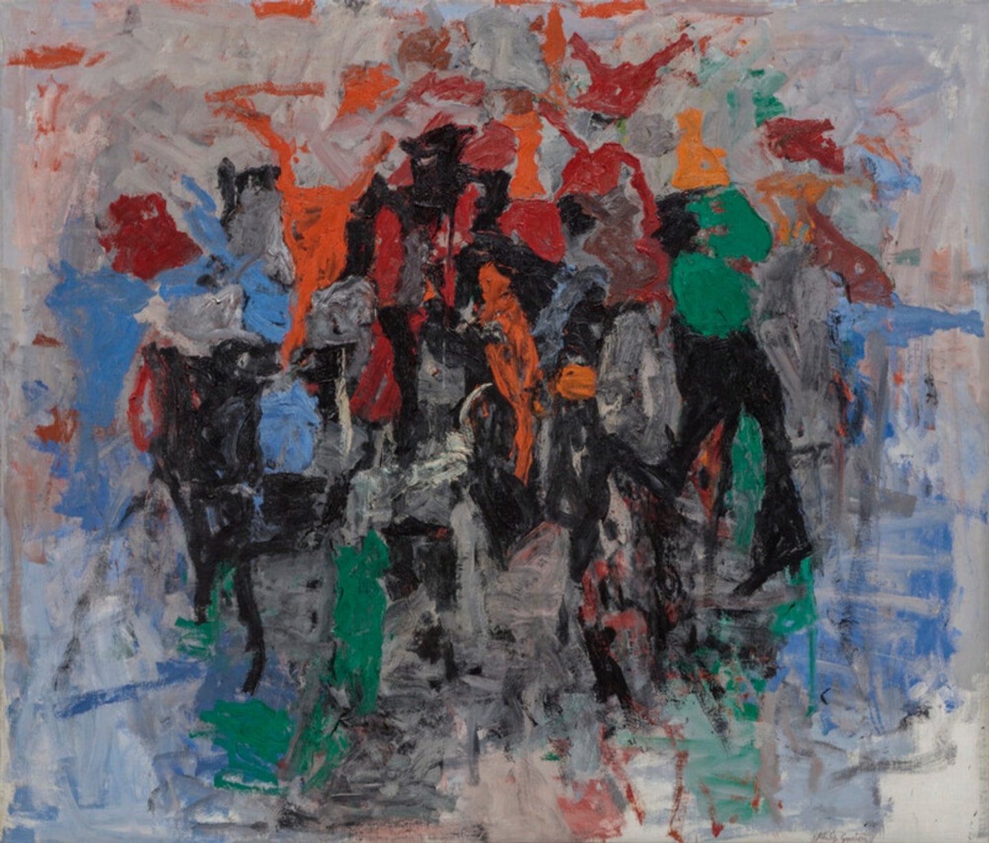 Abstract painting with thick, expressive brushstrokes in orange, red, black, blue, and green, forming loosely clustered shapes against a grey background.
