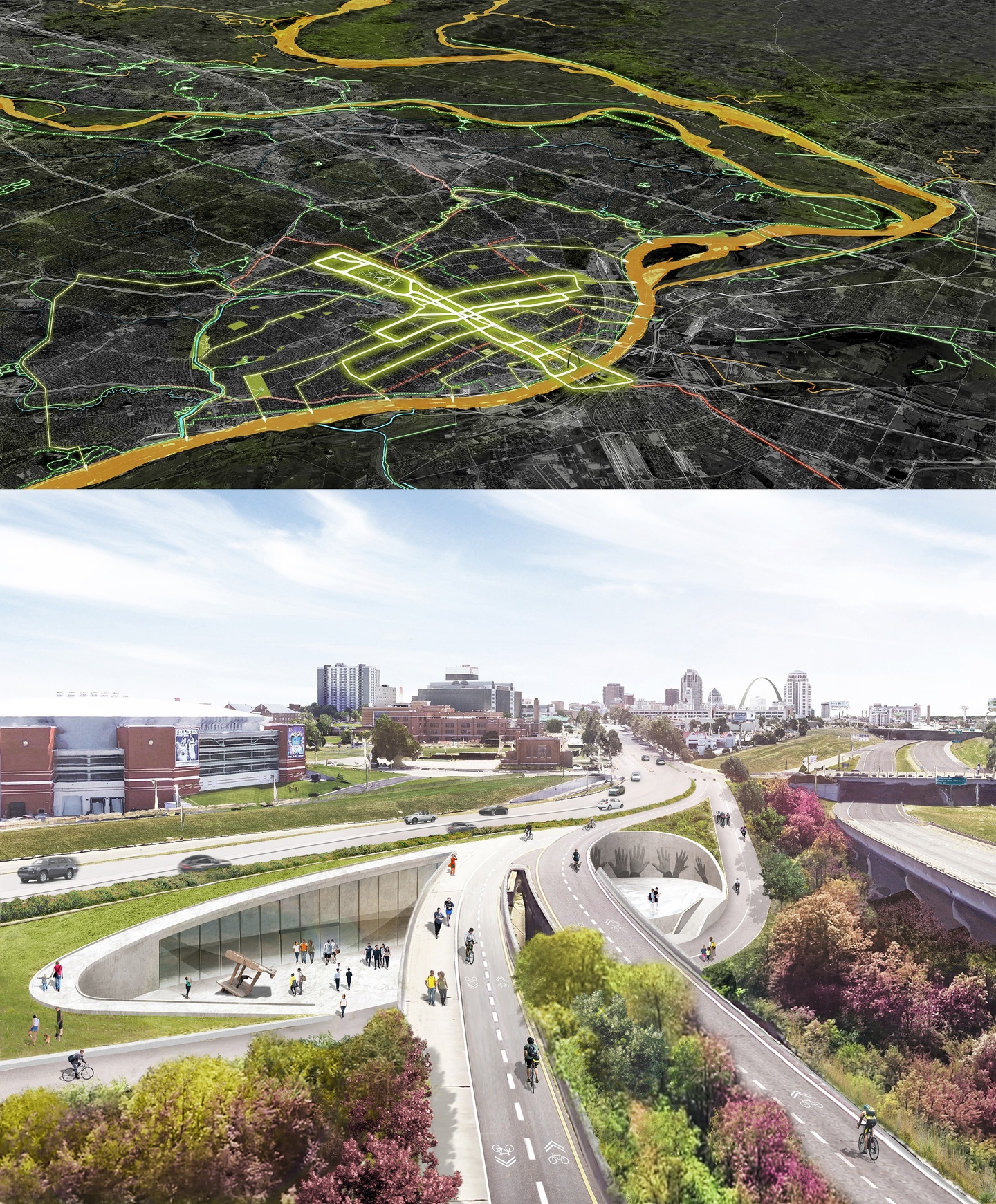 Stacked pair of images; the top is an aerial site map of the city of the St. Louis. The bottom is an aerial rendering of major interstates crossing into the downtown area.