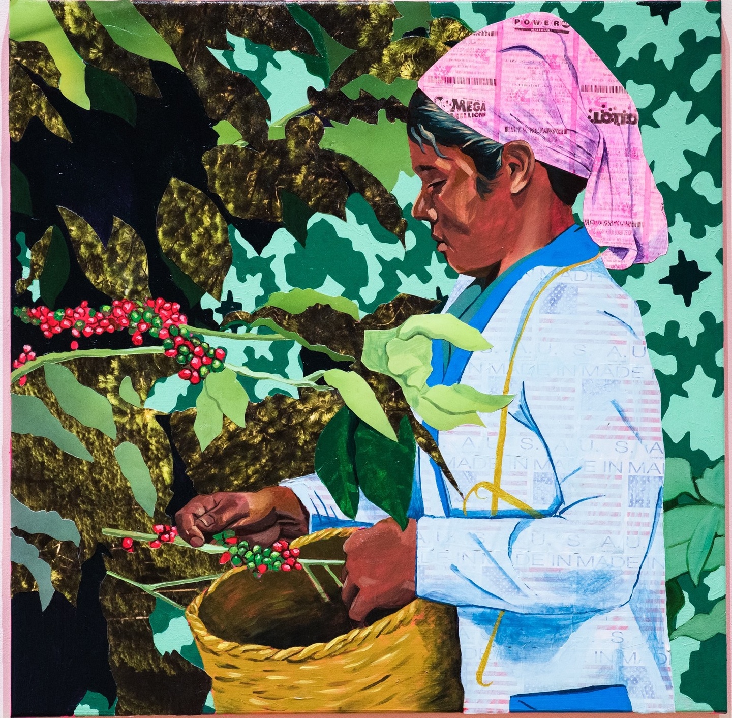Oil painting of a farmer picking cherries into a basket. 