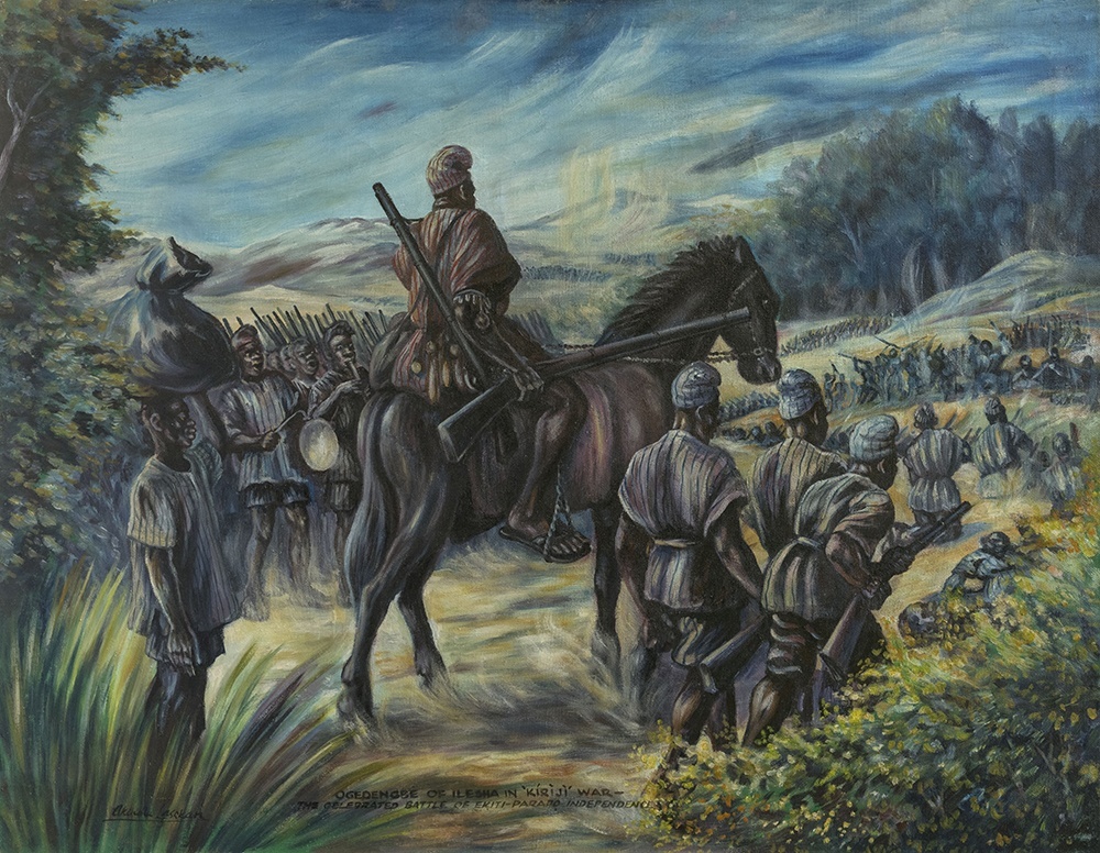 A painting of armed African men led by a man on horseback, engaged in or preparing to engage in battle