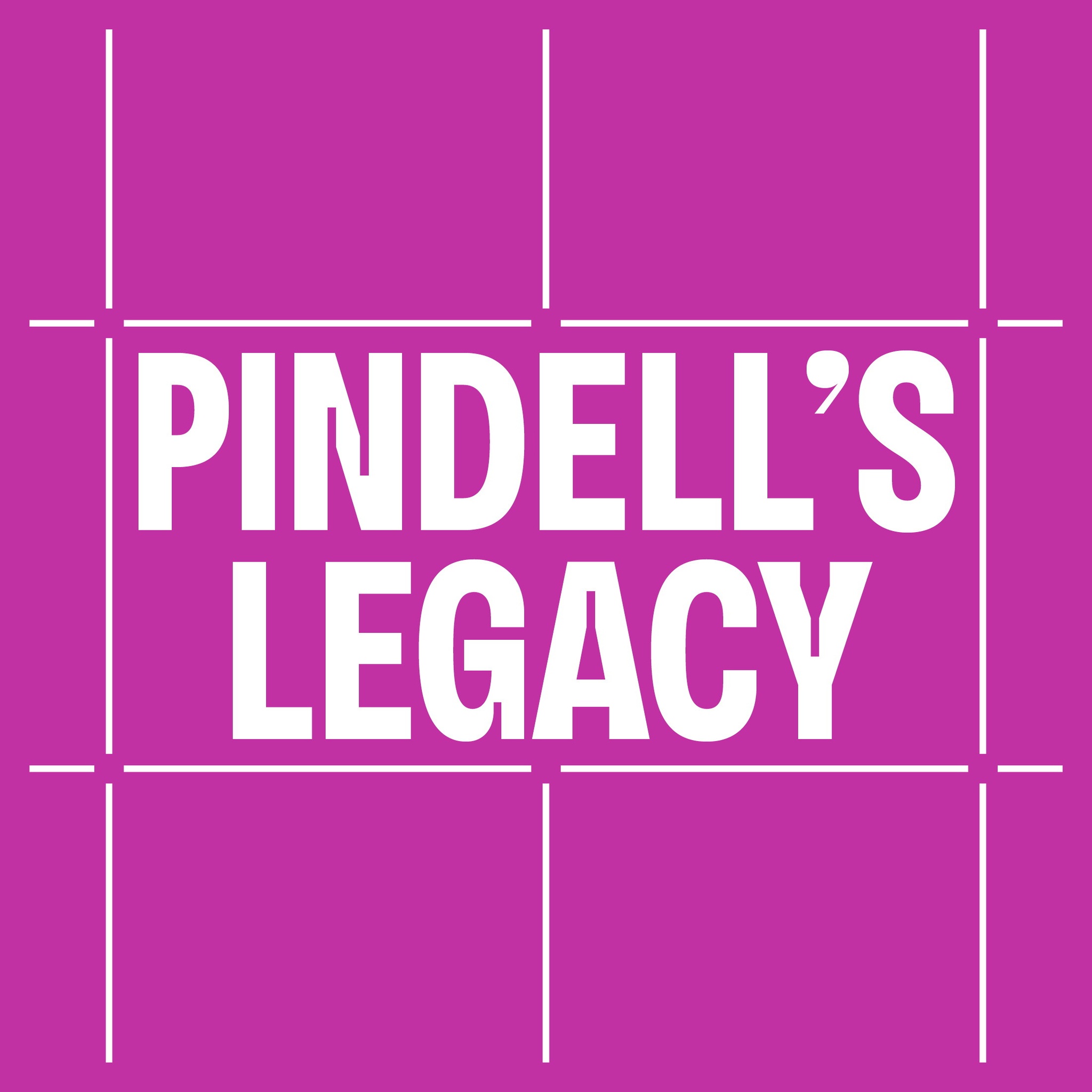 A pink background with a grid pattern and white type reading Pindell's Legacy