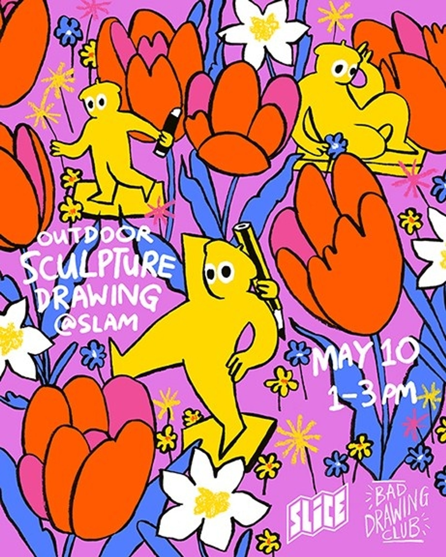 poster for SLICE, yellow characters walking through red and white flowers 
