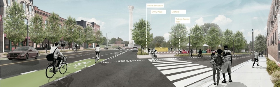 Rendering of people biking and walking around city park