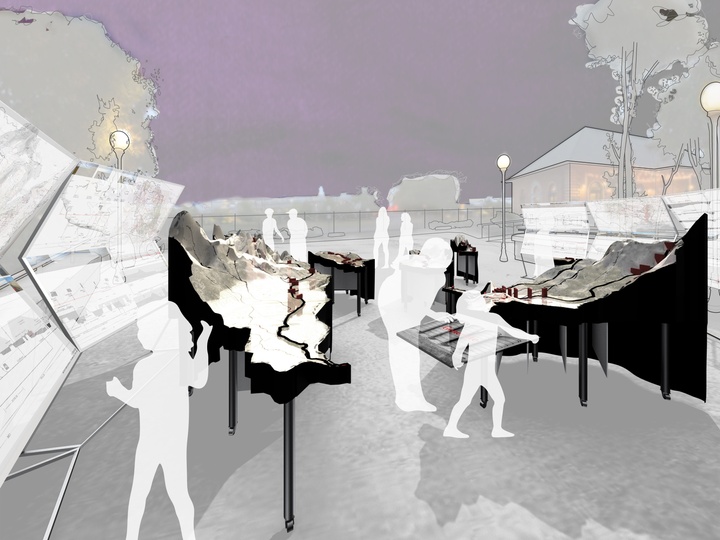 Conceptual rendering of an open-air installation, featuring design boards and models, with a path through the middle for people to walk through.