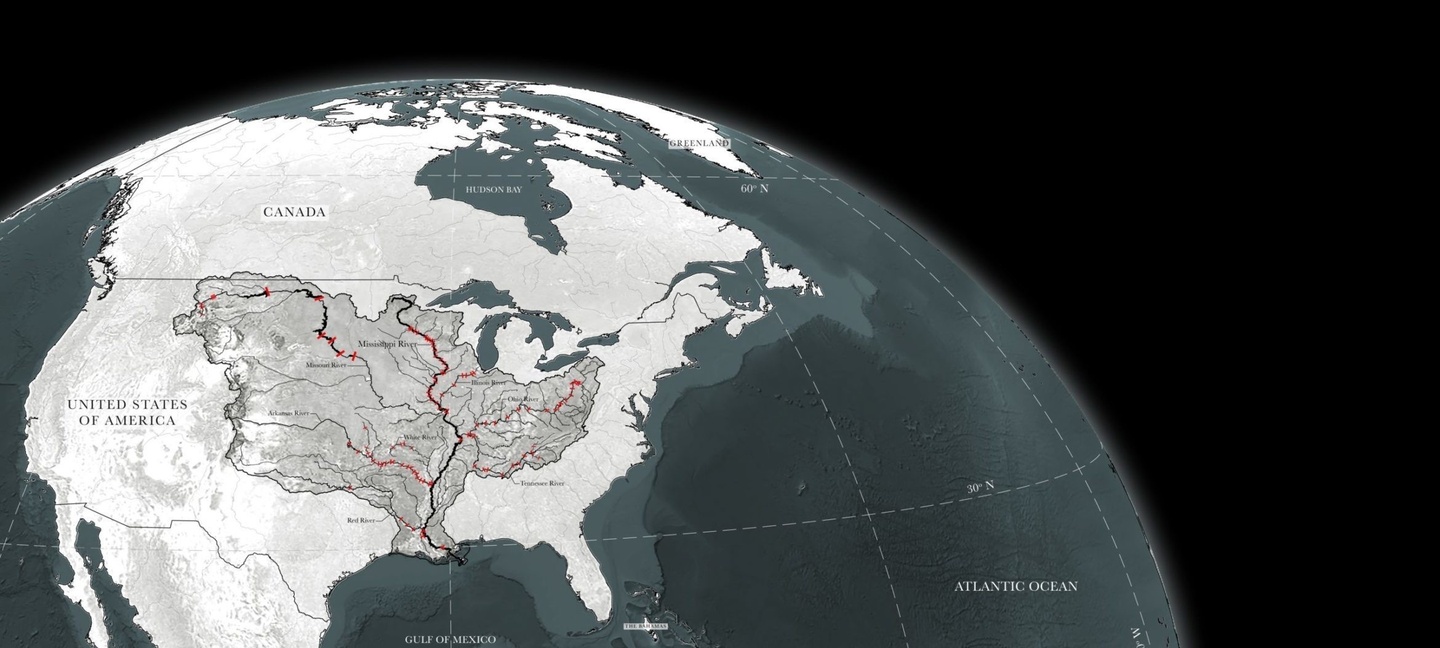 Satellite view of earth highlighting the Mississippi River