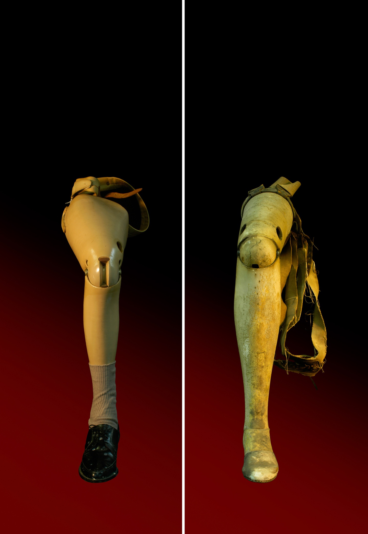 Two images, side by side, of severed/detached, likely bionic (right) legs, illuminated by green-golden ambient light. The background is a red-black gradient. The foot in the image to the left is in a black dress shoe, with long light brown socks. The leg in the image to the right is bare, with some cloth draped across the thigh.