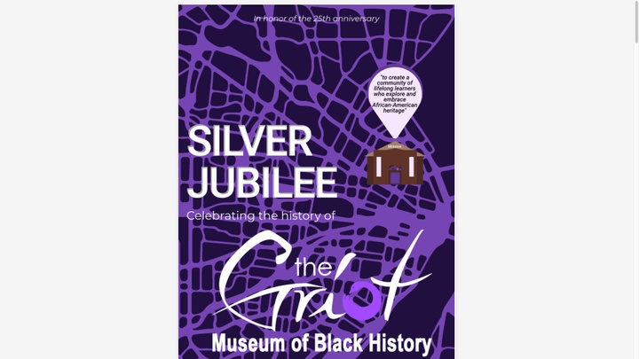 An outline of a map in light purple appears on a purple background. An icon of a building sits on the map. The words “Silver Jubilee, celebrating the history of the Griot Museum of Black History” appear on the cover. 