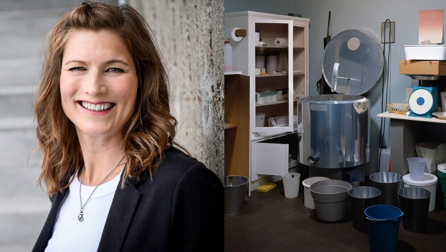 Side-by-side image featuring a portrait of Frauke Thielecke on the left and Thomas Demand’s “Shed” (2006), a large-scale photograph of a room filled with metal buckets, containers, and shelving, on the right.