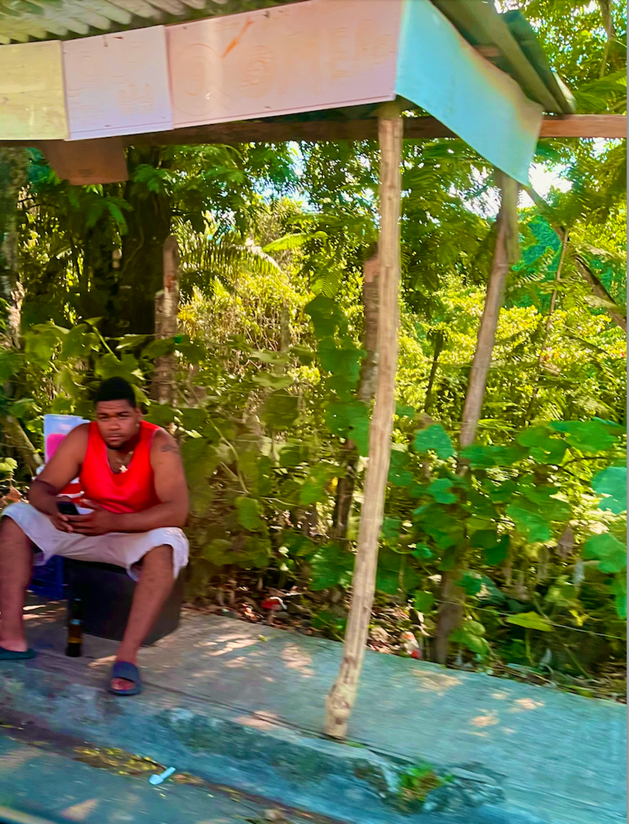 A young man in the Dominican Republic sits under a pavilion with a corrugated metal roof with a wall of green leafy foliage behind him. He wears a bright red tank top, has light brown skin, and looks at us with his elbows resting on his knees.