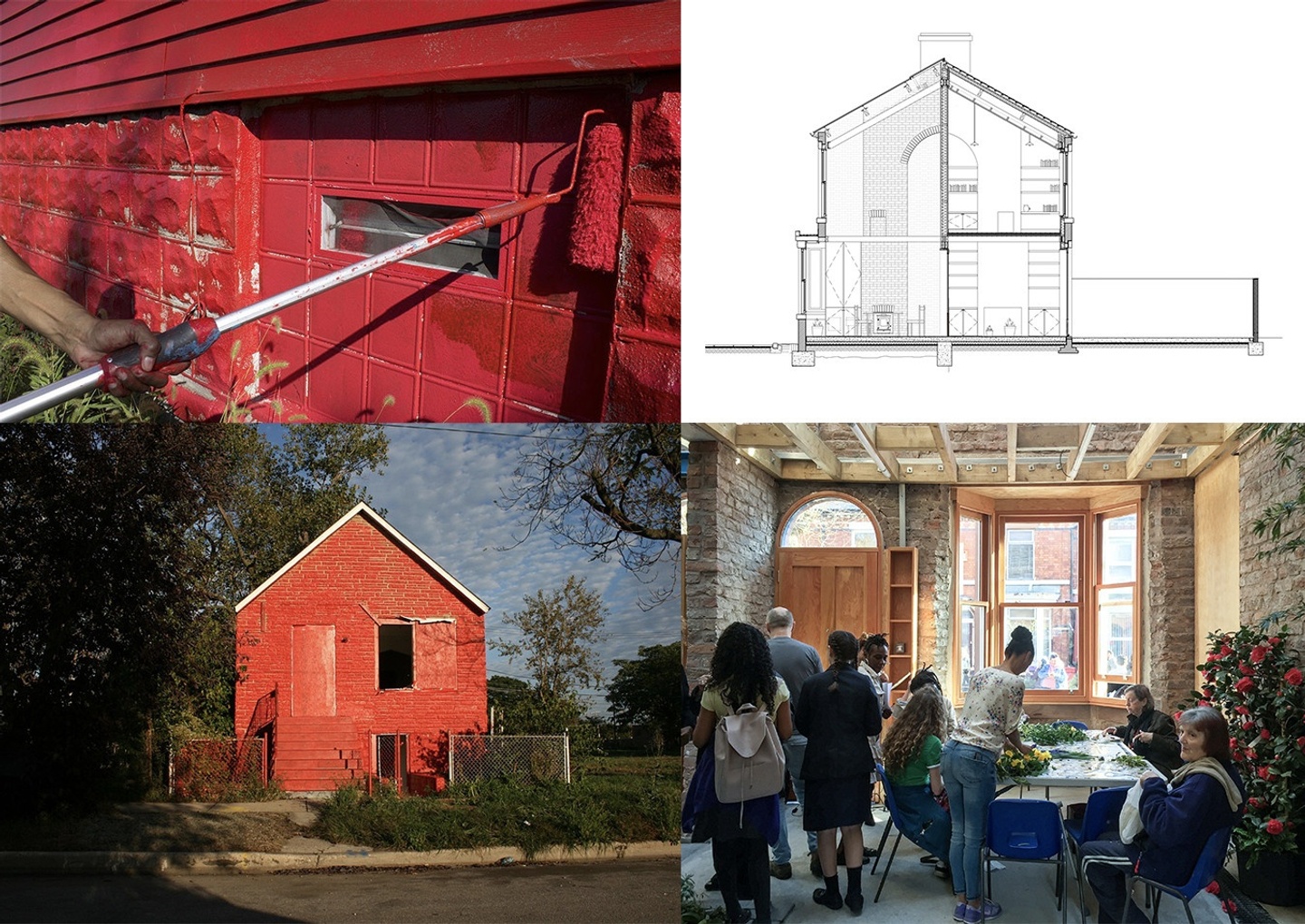 Four panel image of projects; top left is a detail photo of the side of a building being painted bright red; top right is a black-and-white elevation drawing of a two-story building; bottom right is a photo of numerous people gathered inside a building with brick walls and a bay window filling the space with light; bottom left is a photo of a bright red brick house with a metal fence in front and trees to the left.